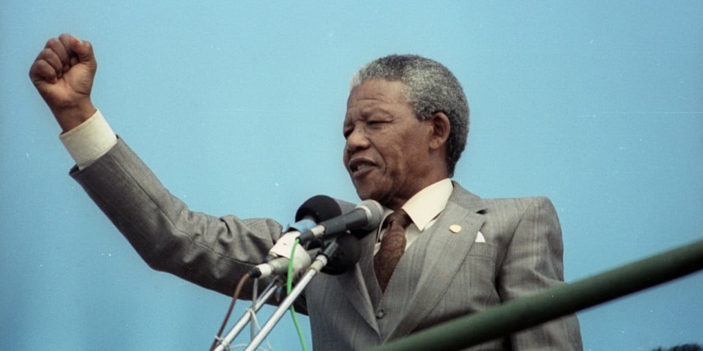 African National Congress vice-president Mandela addresses a capacity crowd